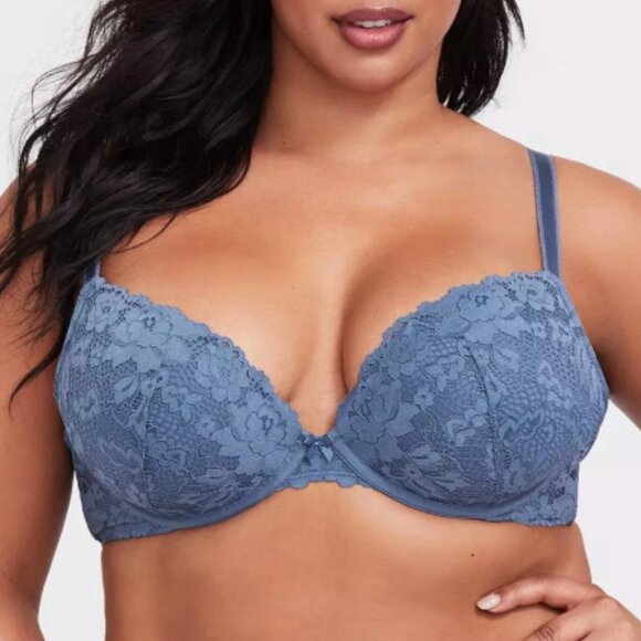 Torrid Curve Light Blue Plunge Push-Up Lace Floral Bra 42C - Picture 1 of 12
